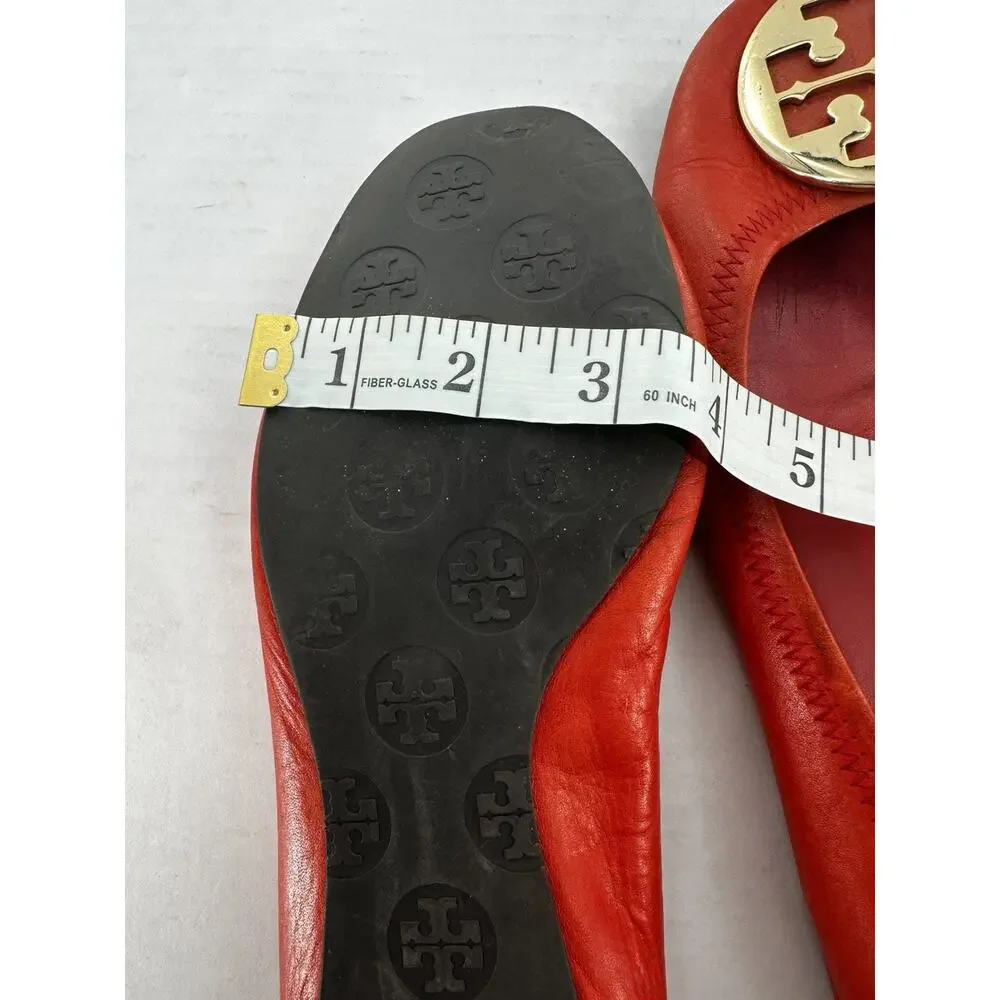 Tory Burch Flats Sz 8 Minnie Travel Orange Logo Office Classic Gold Logo Leather